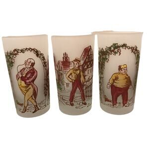 3 Hazel Atlas Dickens Series 5" Frosted Glasses A Christmas Carol Vintage 1950s.
